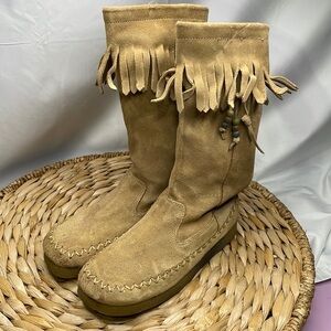 Reports Dubai tan suede, tall, moccasin, boot, crêpe sole: